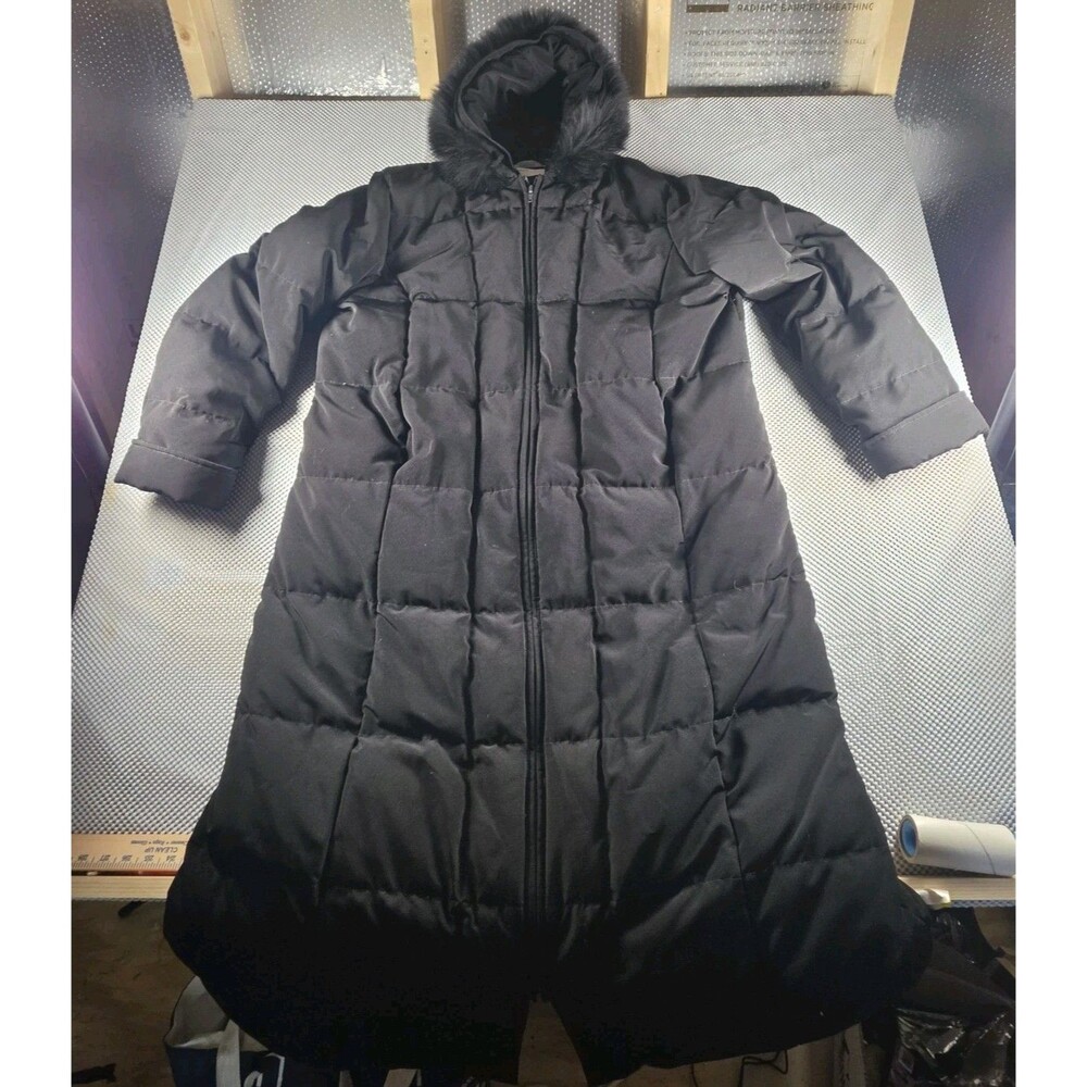 Perry Ellis Portfolio Women 2X Black Down Puffer Maxi Coat Fox Fur Hood 50"